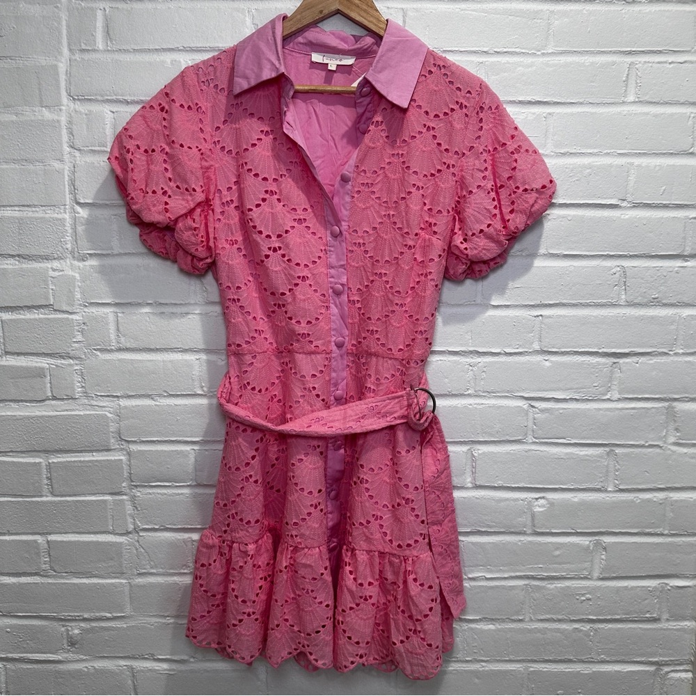 Fanco Flamingo Franky Bubble Pink Collared Short Sleeve Dress Size Large NWT